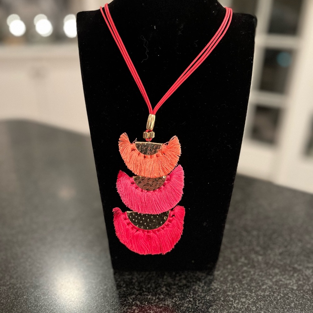NWT Pink Tassel and Hammered Gold Necklace by Mudpie on Pink Cord